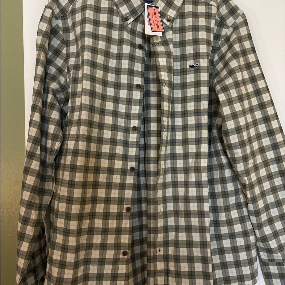 Vineyard Vines Olive and Cream Plaid Shirt